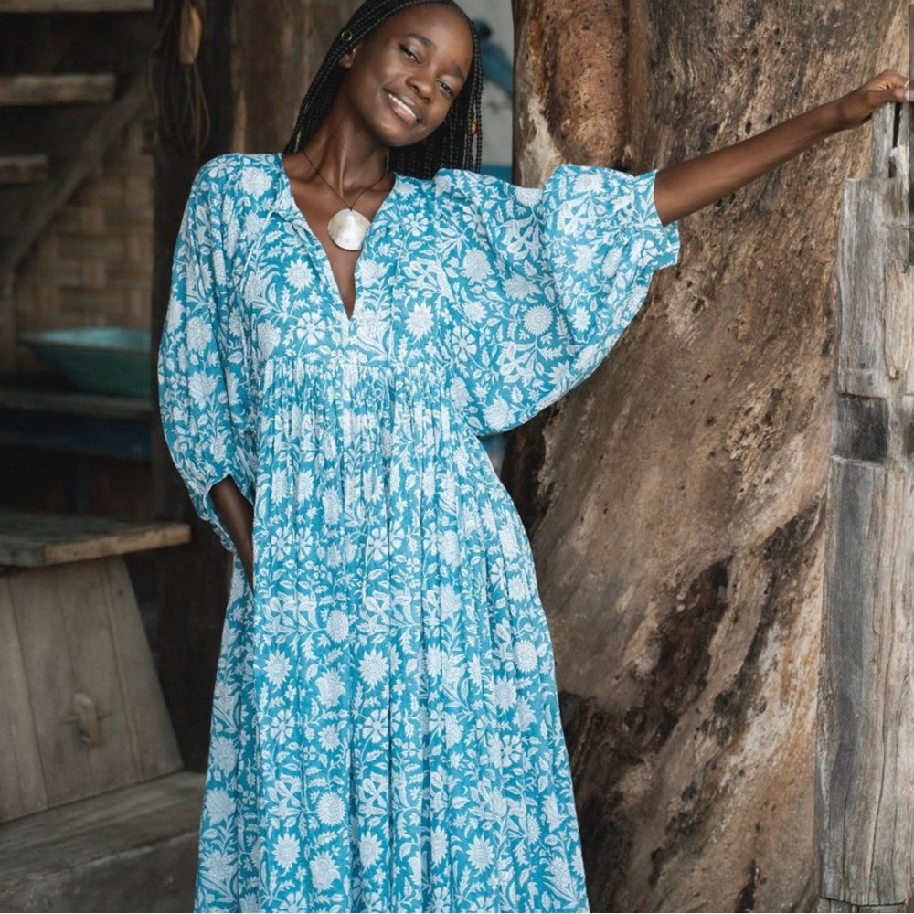 Daughters of India Kyra Midi Dress Ocean Blue - balloon sleeve flowy dress.